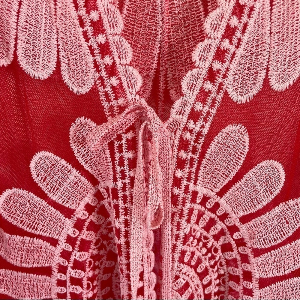 Ember Swimwear Cover-Up Embroidered Floral Kimono Duster Red Pink Size Medium - Picture 3 of 10